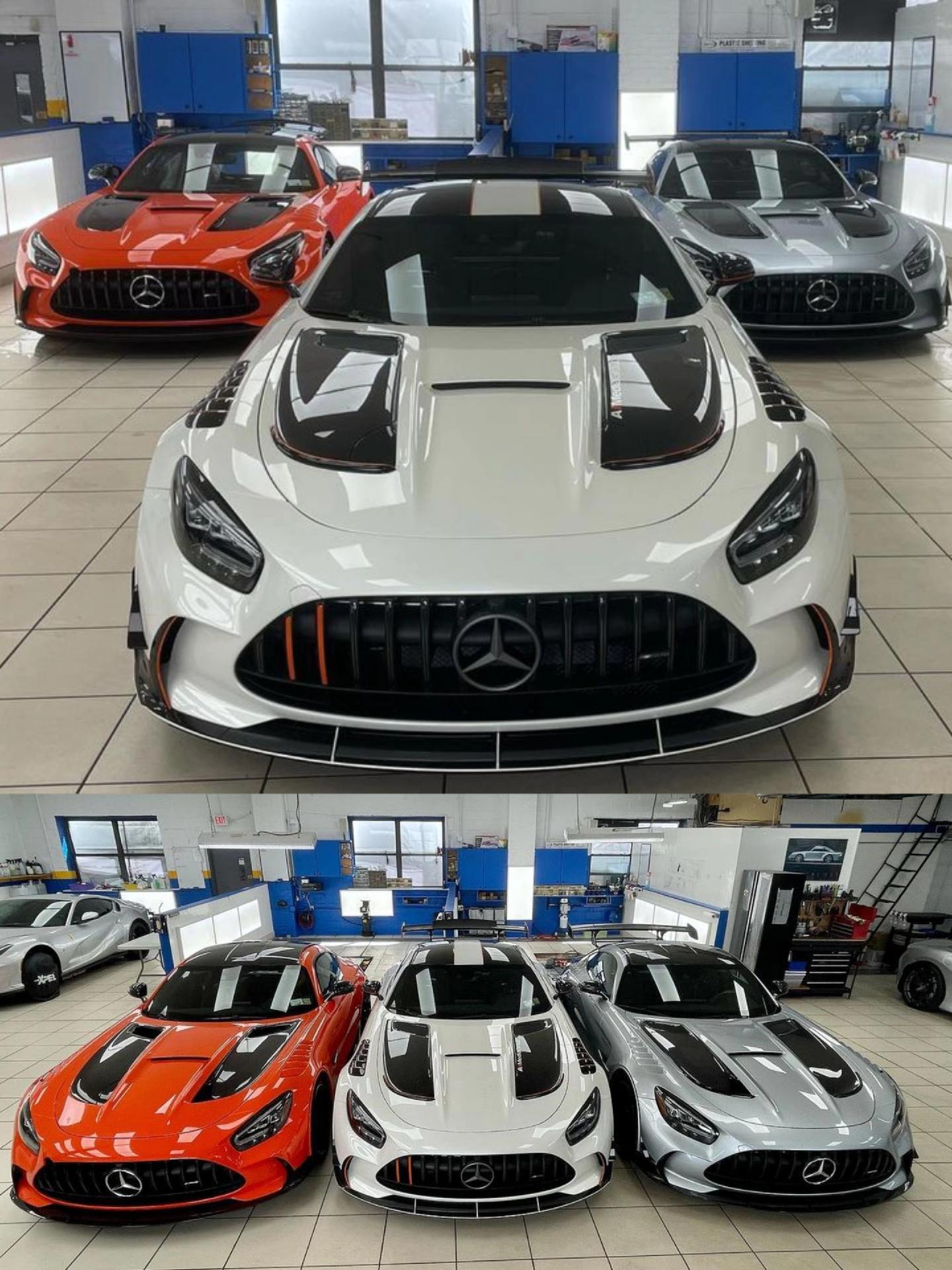 美国|  Benz AMG GT Black Series*3
美国某修车厂里停着三台奔驰AMG GT Black Series。这三台车的车主为同一个人, 真的太牛了！
Owner: 未知