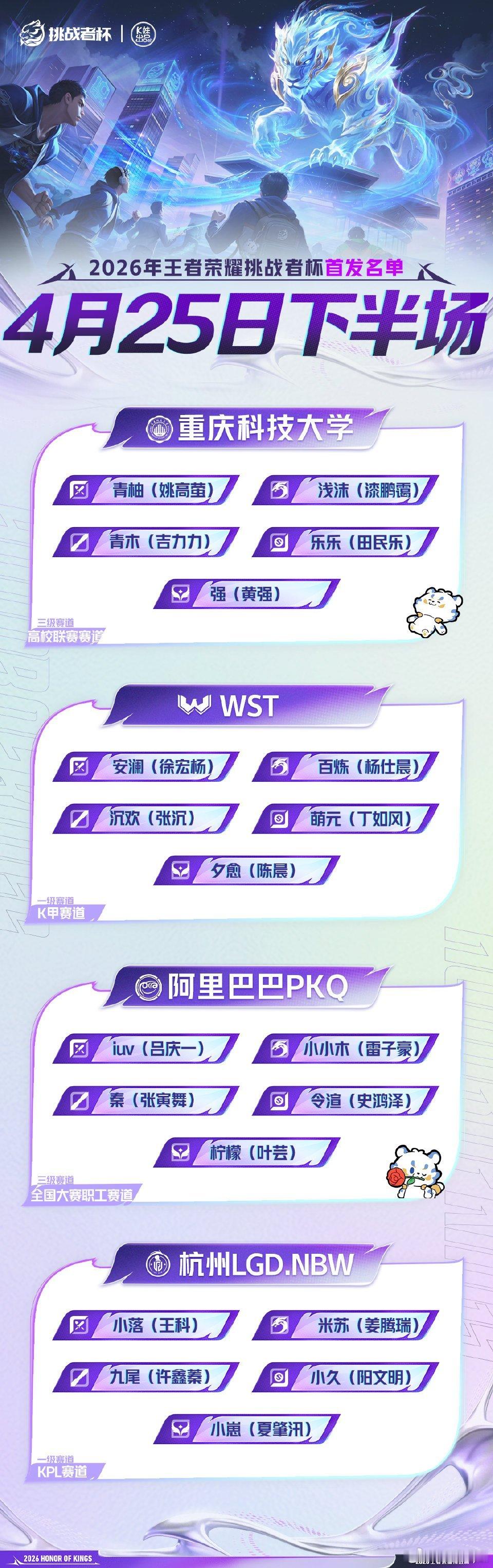 2026王者荣耀挑战者杯｜首发名单解说席：前两场 瓶子 李九          