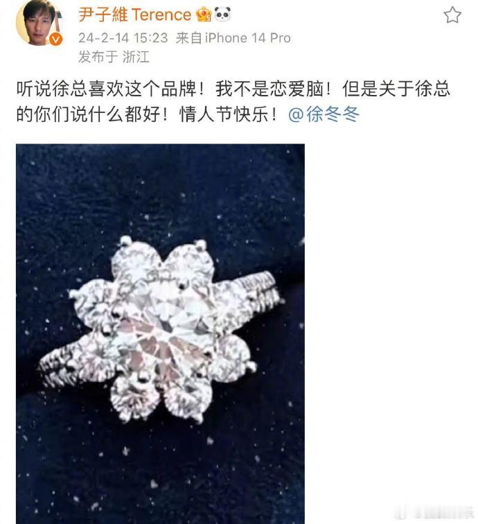 #尹子维疑似再求婚徐冬冬# 情人节晒钻戒图发文表白：“我不是恋爱脑！但是关于徐总