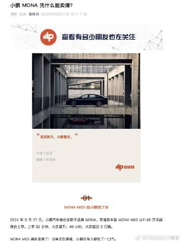 小鹏MONA M03是一款救了小鹏命的车。

但据《雷锋网》报道，起初小鹏对MO