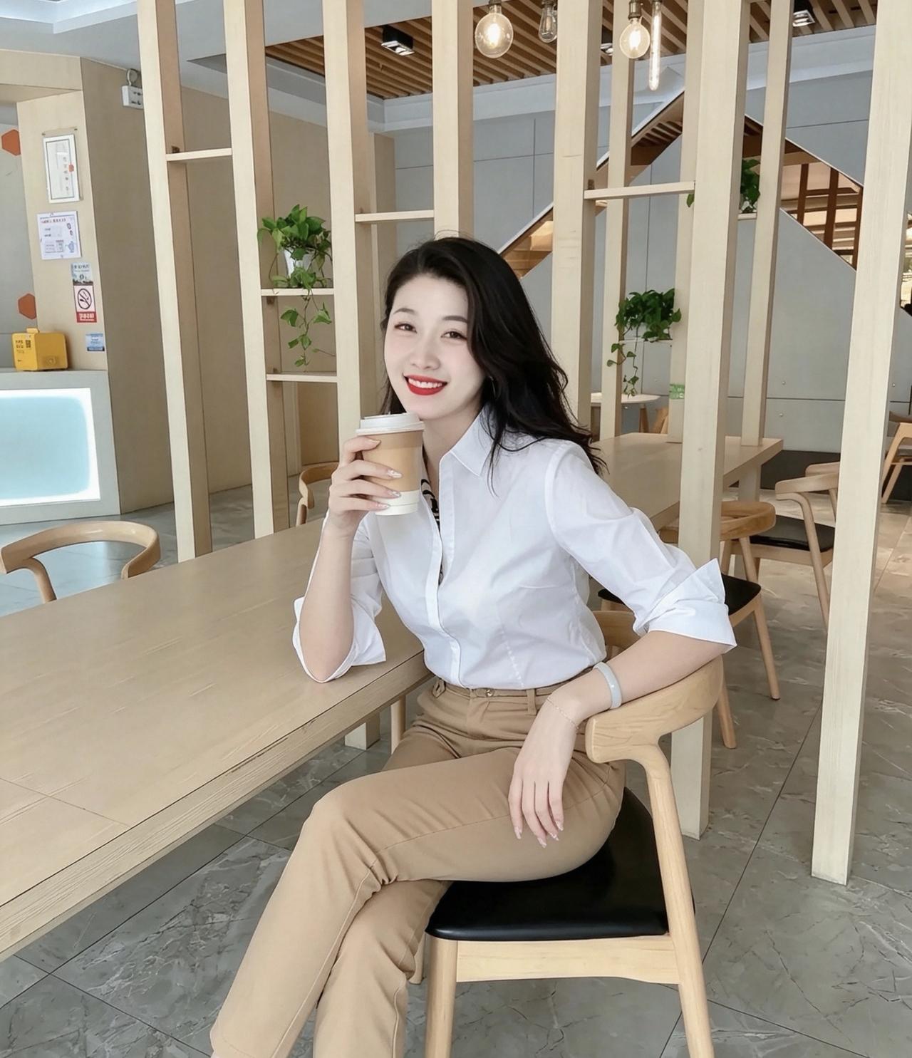 卡其色裤子配白色衬衫，姐姐可太会穿了