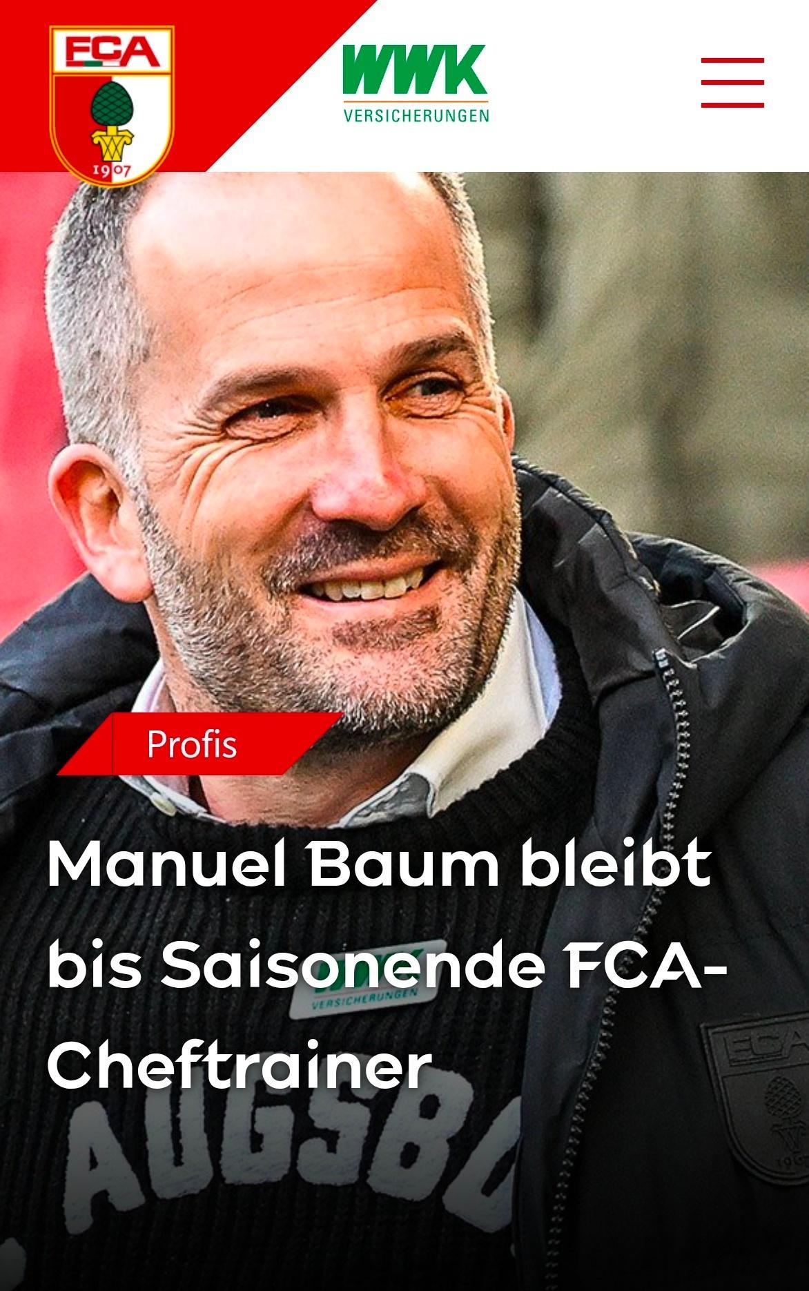 顶替桑德罗·瓦格纳而临时重掌奥格斯堡帅印的曼努埃尔·鲍姆将带队到本赛季结束，而俱