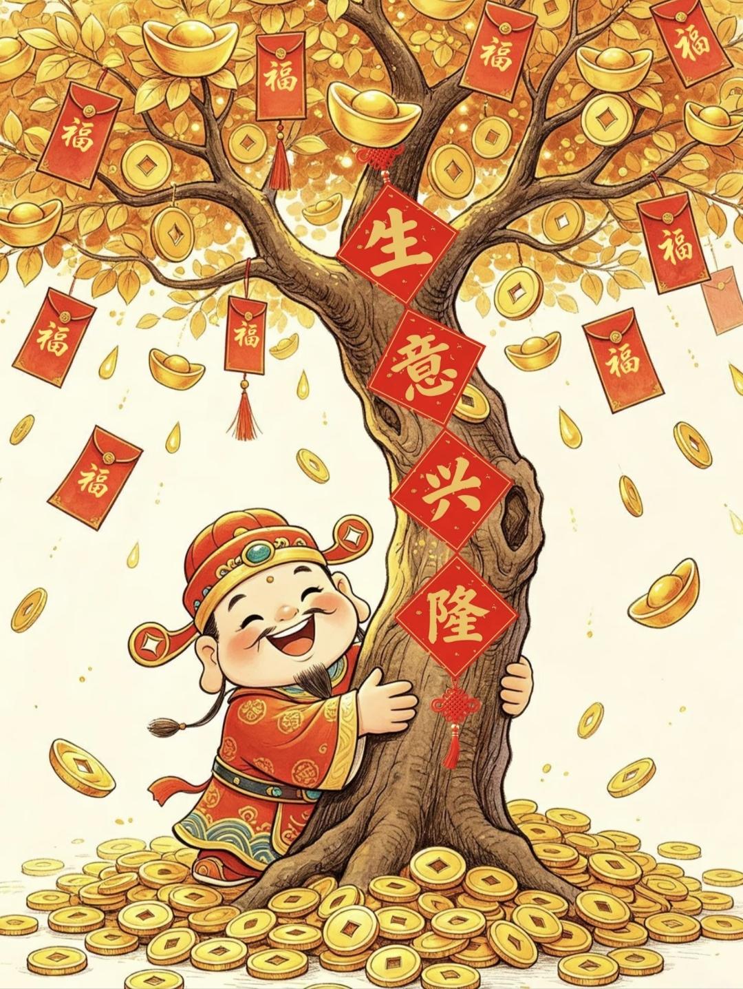 财神抱树笑开颜，摇来万贯金满园。生意兴隆挂枝头，满堂聚财好运连连！传统文化 传递