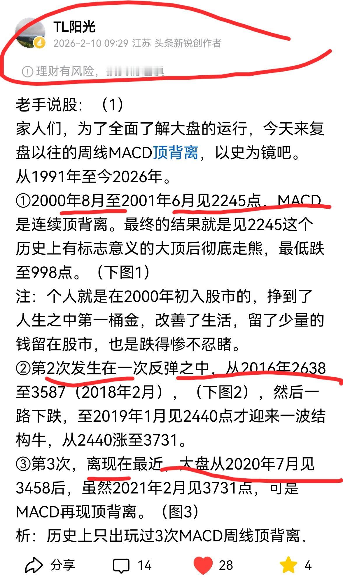 老手说股：（1）
家人们，今天利用周末，又仔细看了下周线，上证周线已经出现了顶背