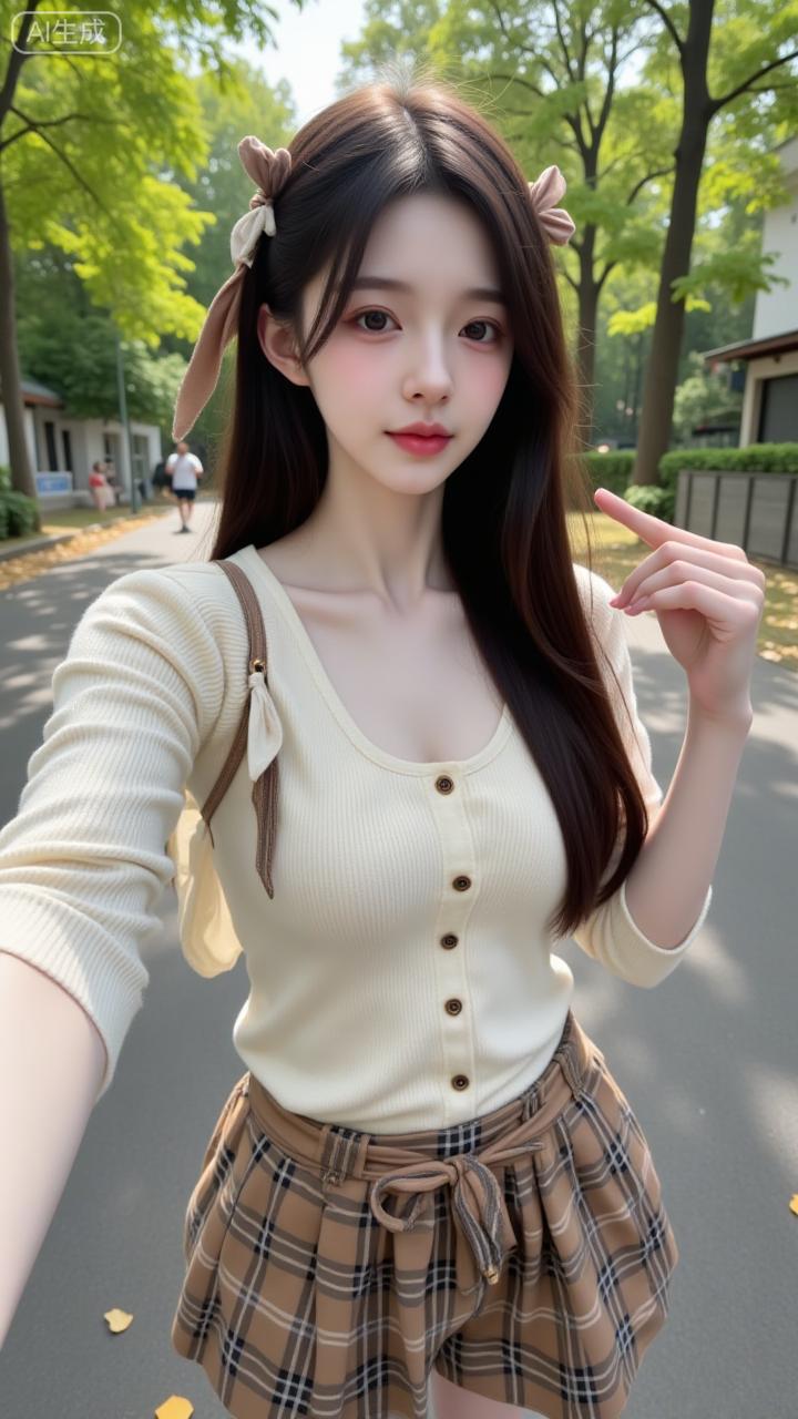 夏日光影里的甜系穿搭
 
米白针织衫搭格纹裙，发间蝴蝶结甜得刚好，公园步道的光影