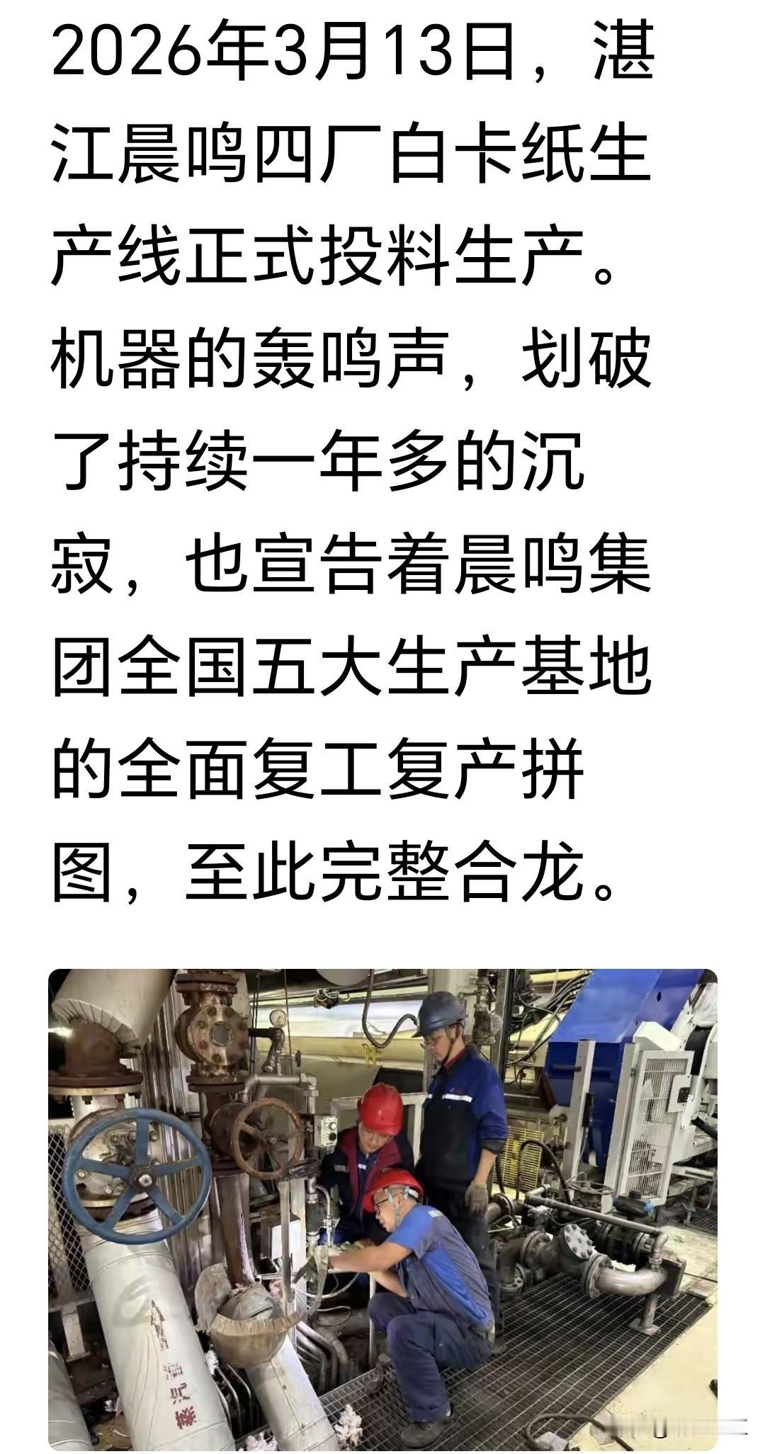 国内纸业知名企业晨鸣集团发公告，2026年3月13日湛江晨鸣四厂成功复产，标志着
