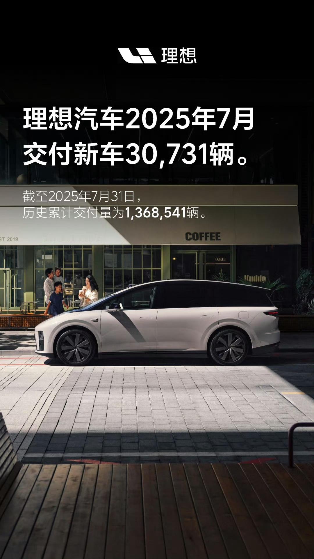理想7月交付30731辆历史累计交付量为1368541辆 ​​​