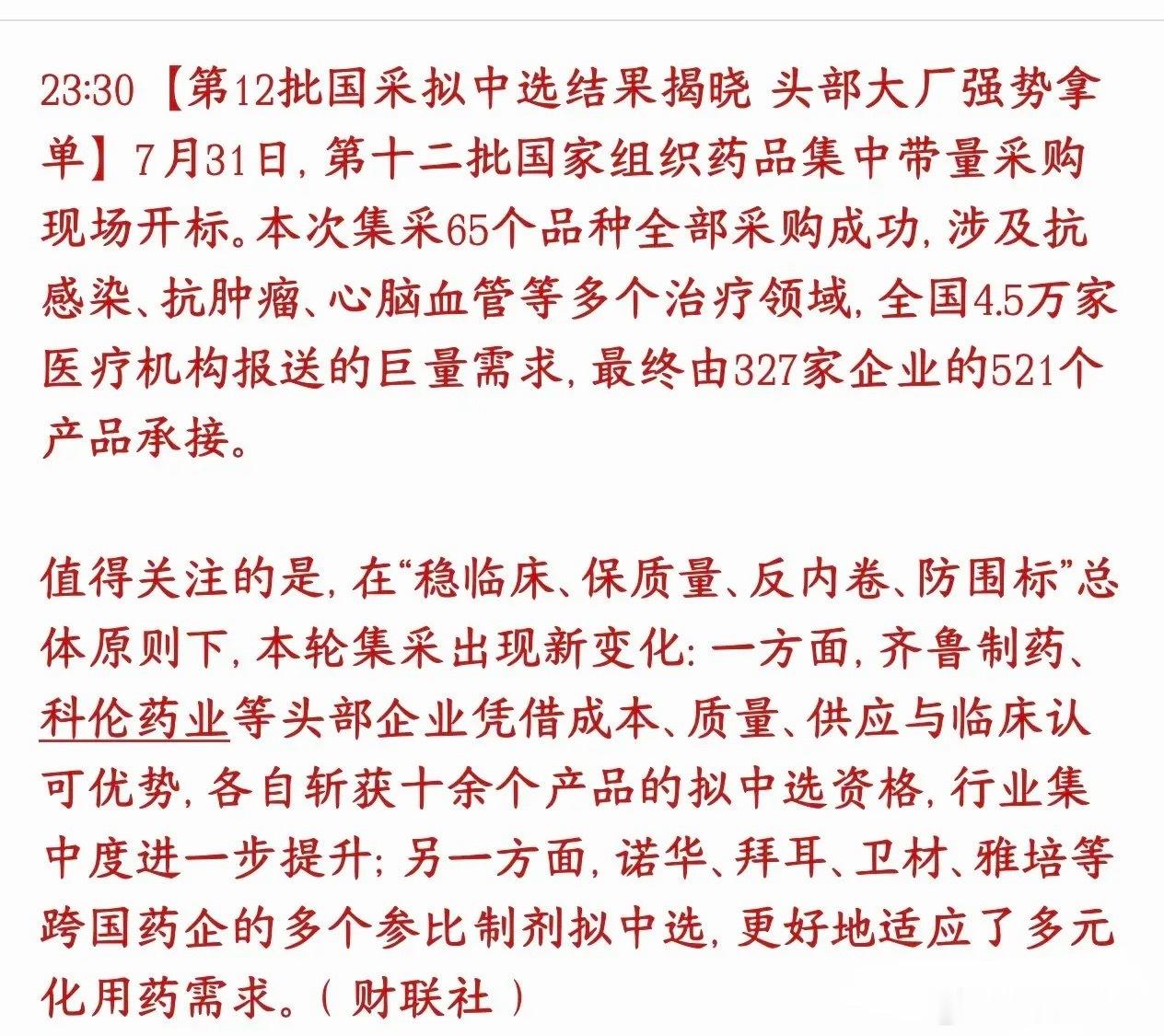 医药板块利好消息周末来了，消费真的要起飞了第12批药品集采全部竞标落地，政策遏制