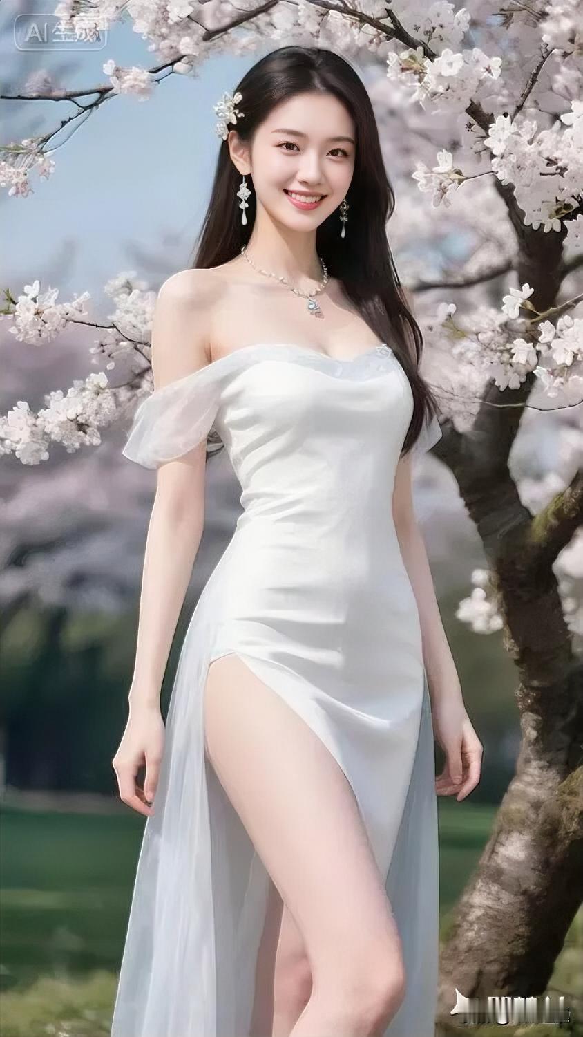 樱花树下，白裙飘飘，春日少女，甜美微笑。🌸💃😊