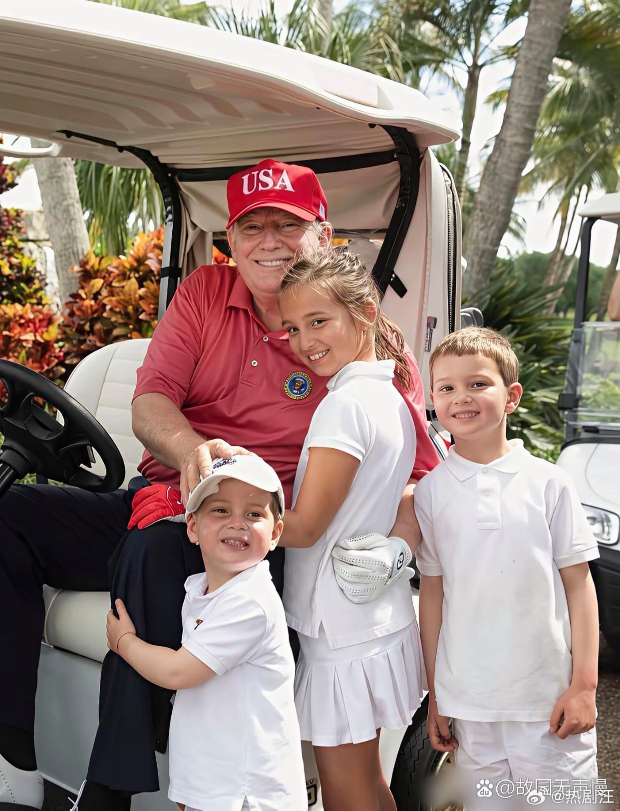伊万卡三个孩子，作为外公的特朗普，脸上洋溢着幸福的笑容。 ​​​