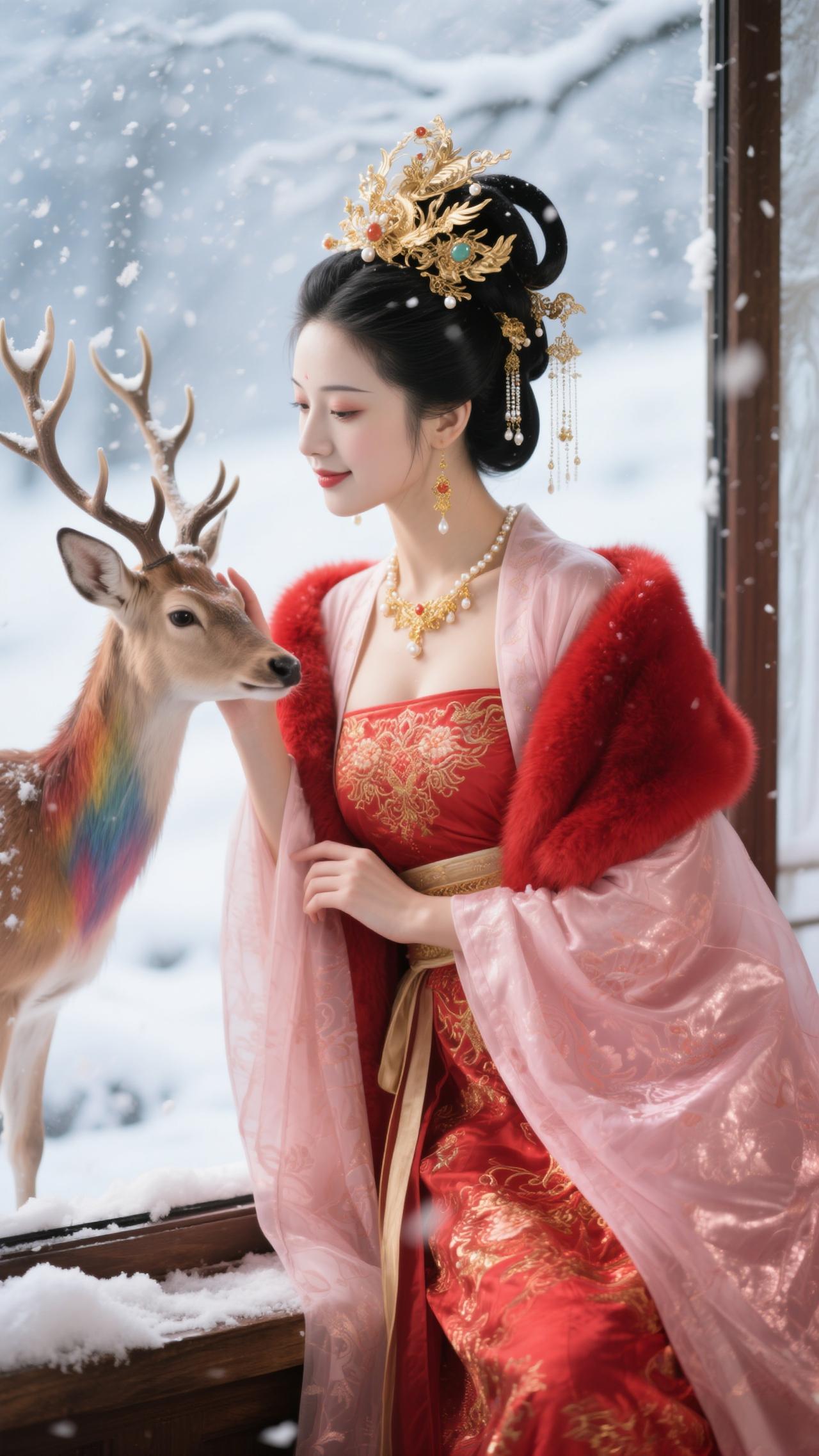 《蝶恋花·红妆雪鹿》
 
红袄金簪妆雪境，裘领堆霞，艳压枝头杏。
轻抚麋茸凝睇静