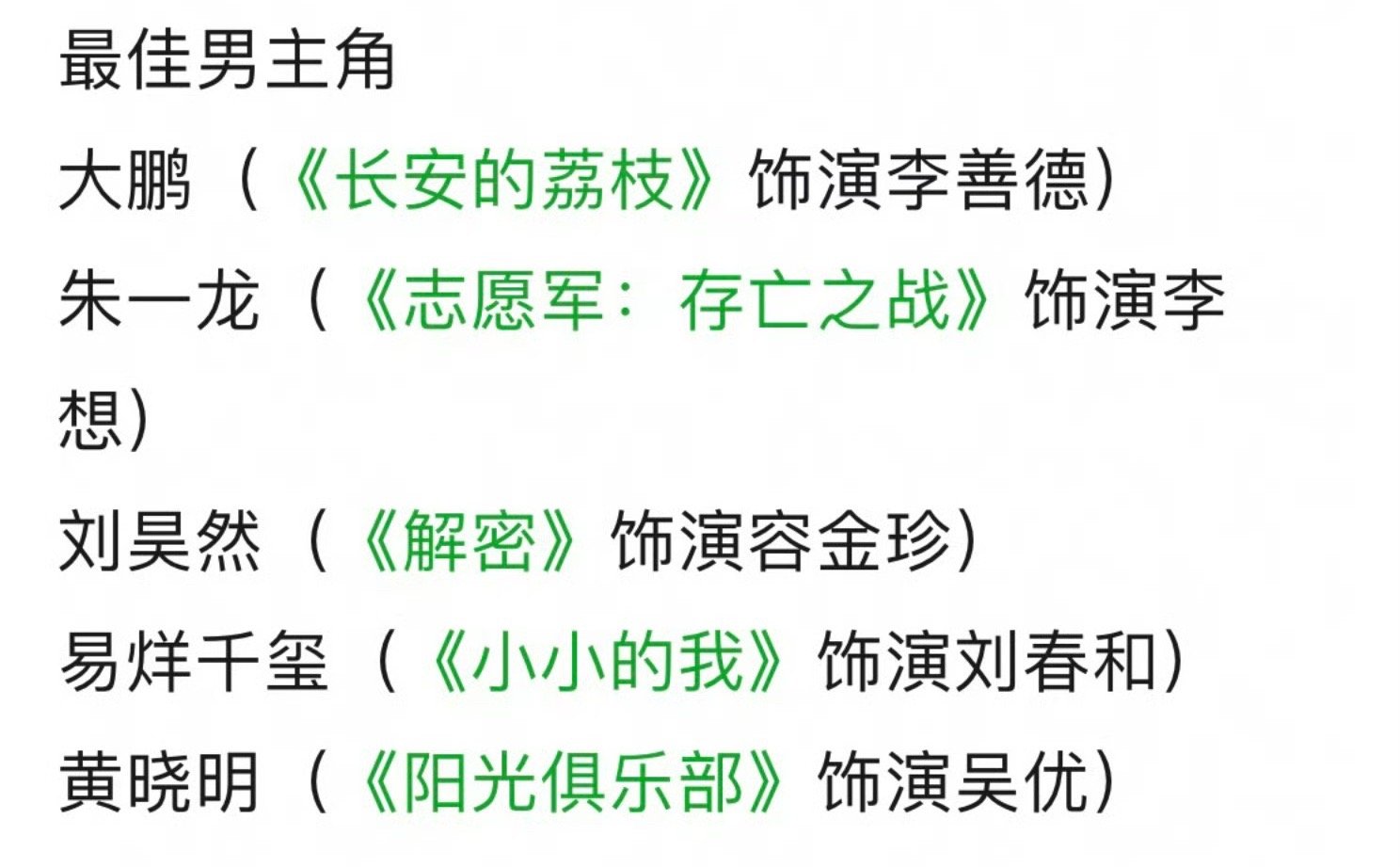 金鸡奖提名公布，最有看点的是最佳男主角：大鹏 朱一龙 刘昊然 易烊千玺 黄晓明 