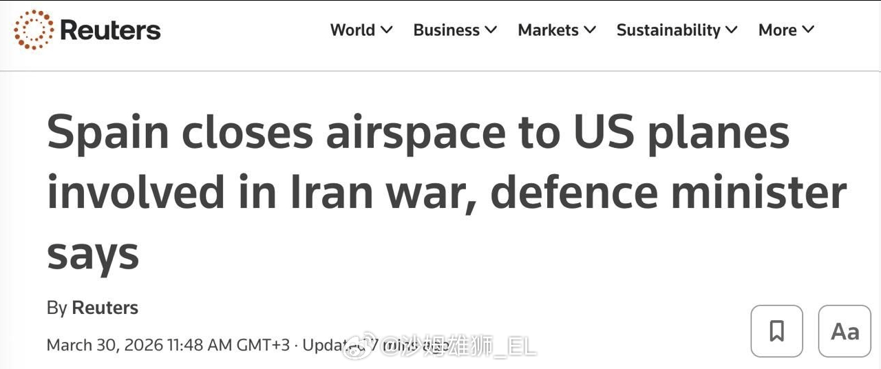 西班牙国防大臣玛格丽塔·罗夫莱斯宣布对参与侵略伊朗的美国飞机关闭领空。 
