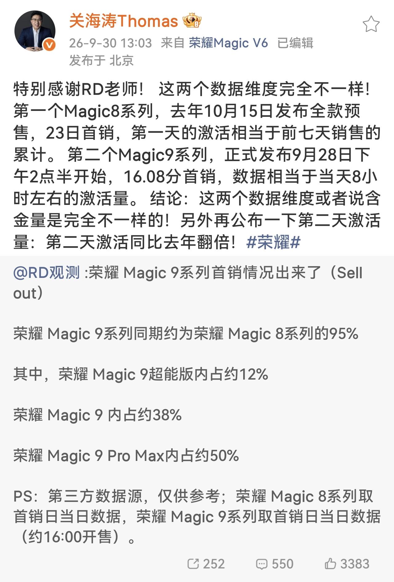 荣耀Magic9首销记录到底是多少？
不回避，因为计算方式不同，所以理解有偏差，