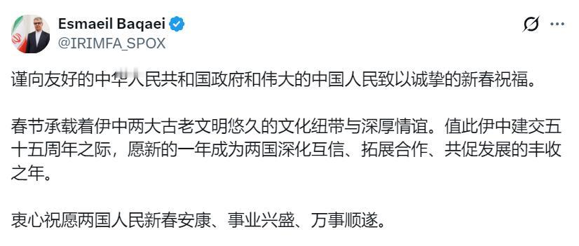 伊朗外交部发言人用中文发表中国新年致贺词。