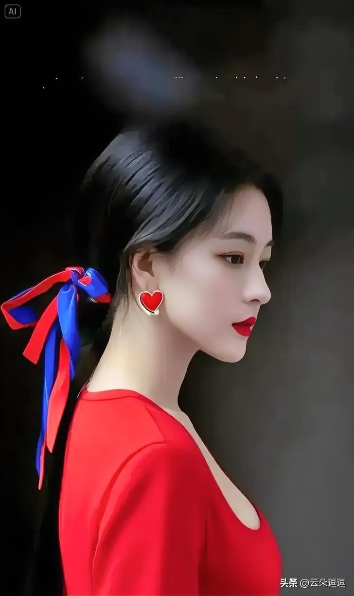 这姑娘穿着红衣服，耳朵上有个红心耳环。