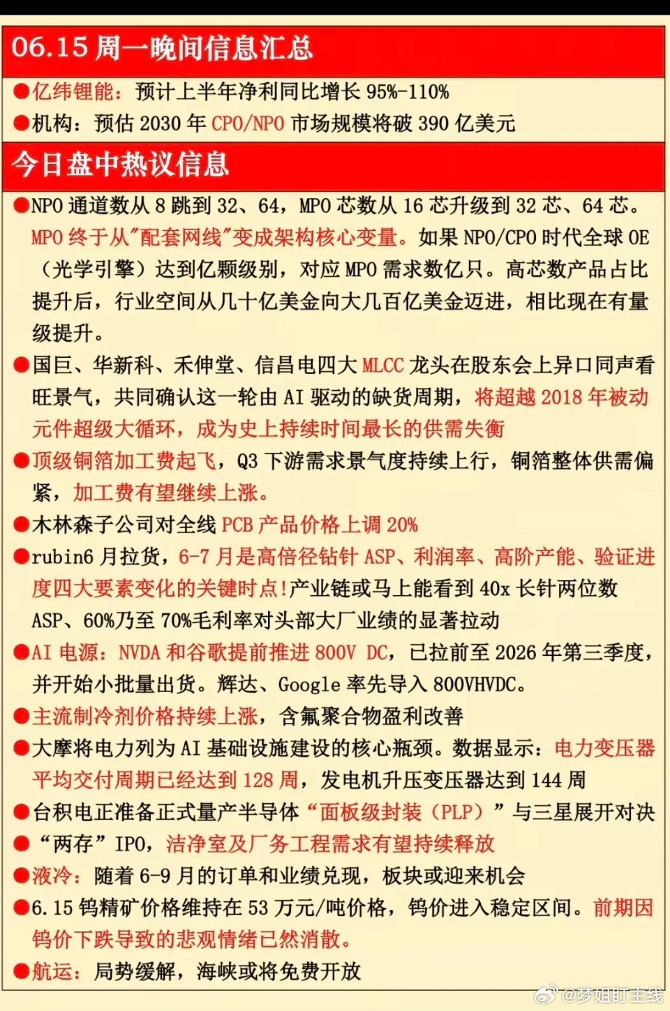 6.15周一  晚间：财经信息梳理！1.MPO光学引擎2.MLCC、元件3.顶级