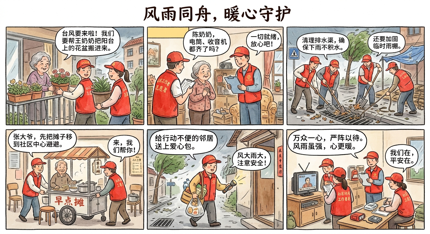 风雨同舟抗台有普台风未至，守护先行。红马甲穿梭在街巷社区，一件件小事、一次次走访