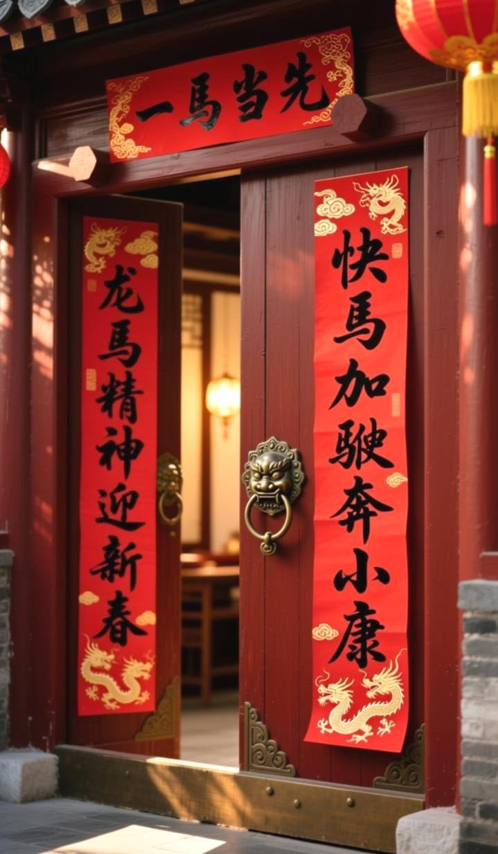 上联：快马加鞭奔小康，下联：龙马精神迎新春，横批：一马当先。