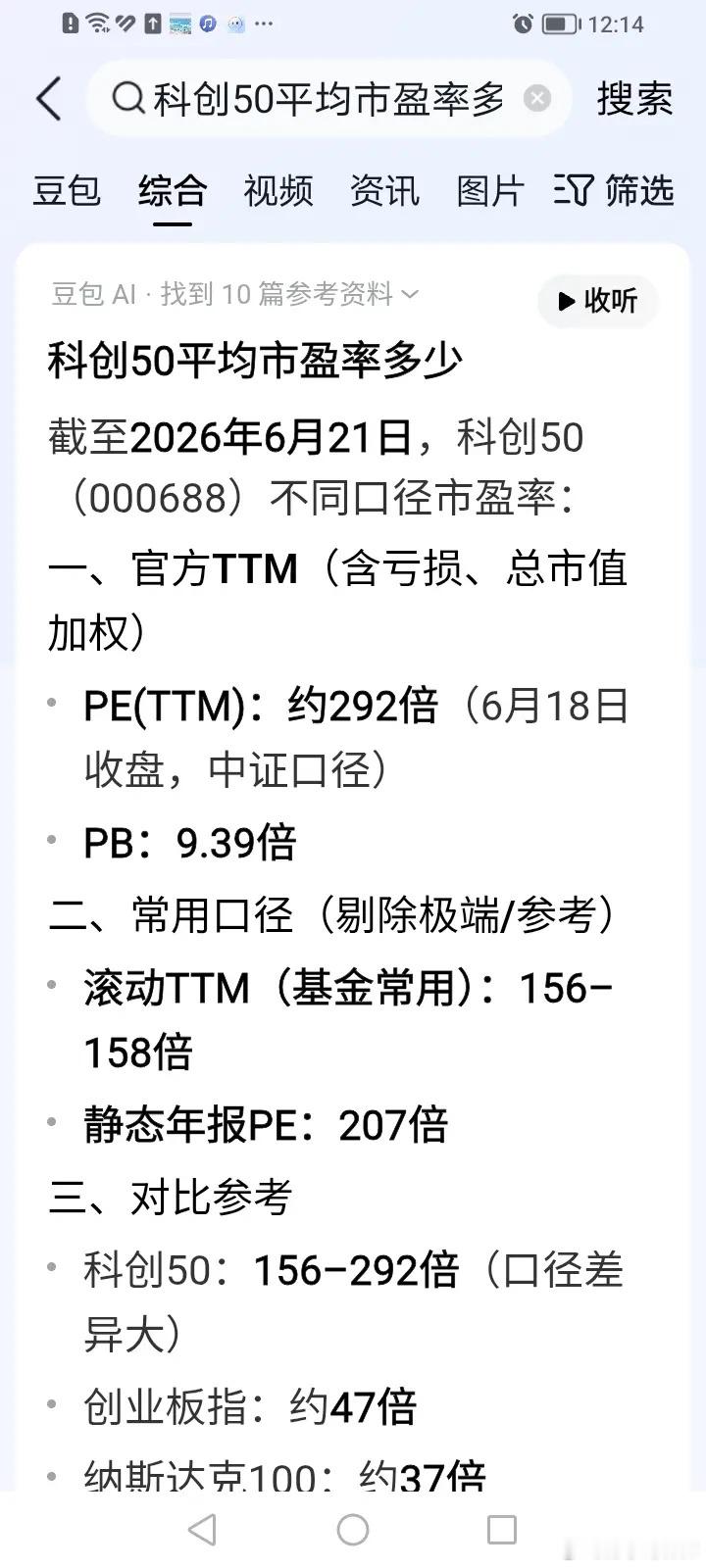 创业板的平均市盈率已经快到70倍了，科创50的平均市盈率已经高达158倍了，科技