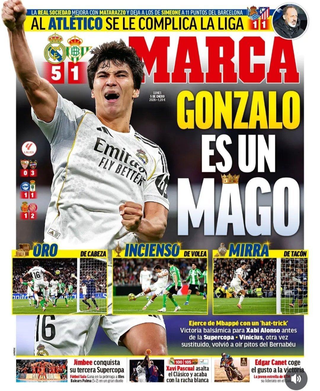 皇马 《马卡》贡萨洛是魔法师代替姆巴佩的位子，带来帽子戏法超级杯前对阿隆索来说可