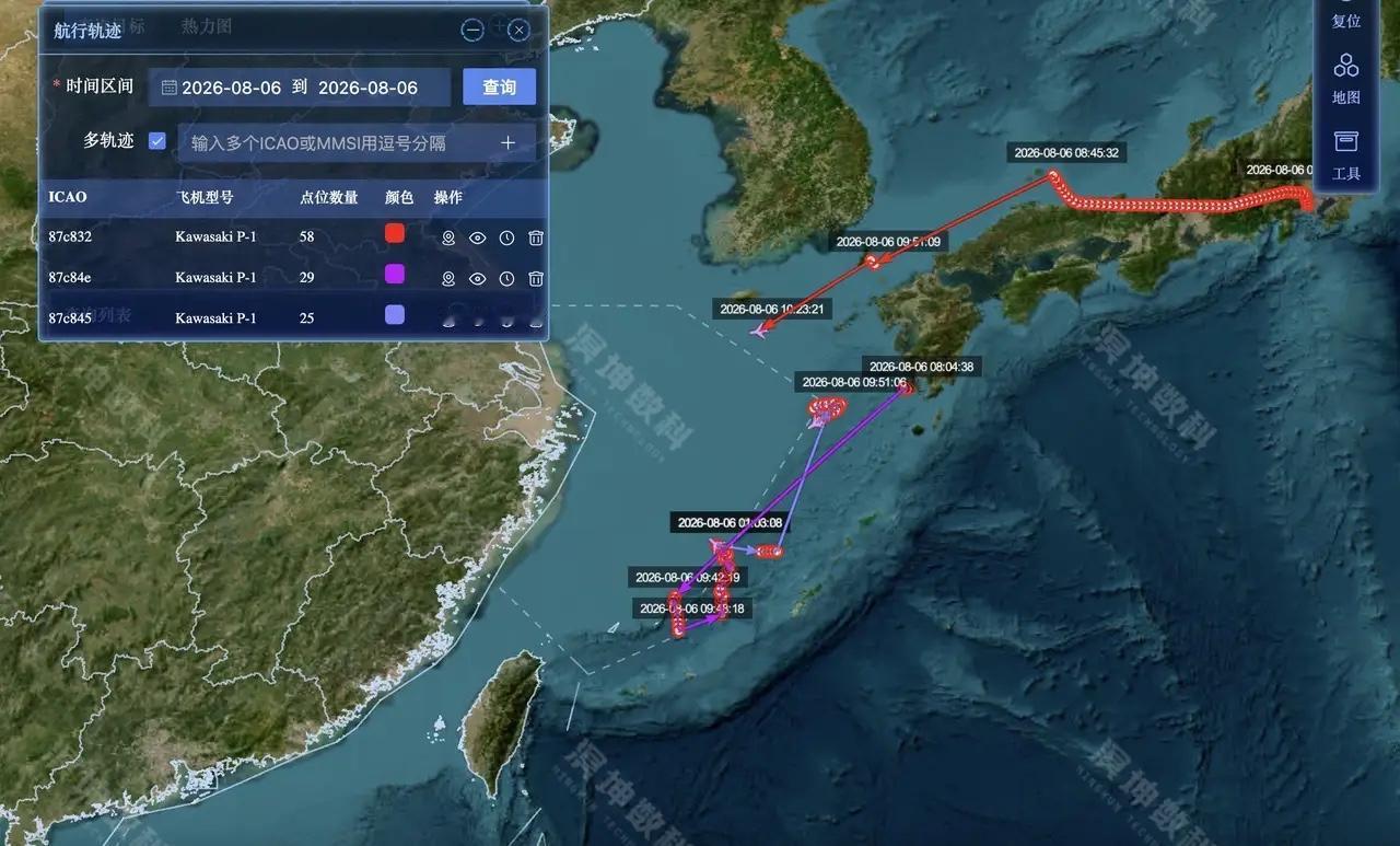 日海自三架P-1分三路入我东海防识区 多向协同疑执行同一任务

8月6日，日本海