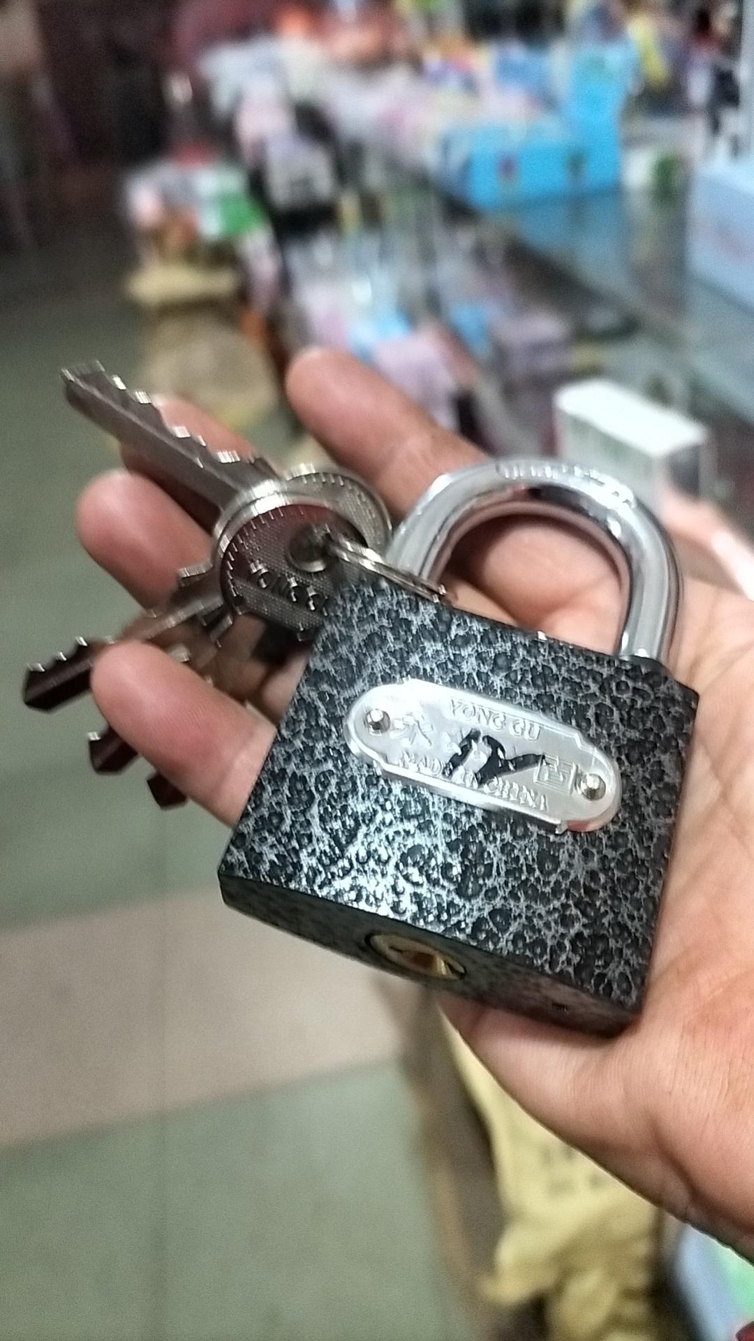 今天我买了一把锁门的锁12元钱，一共有四把钥匙，锁完之后拿白袋子套起来防雨淋，但