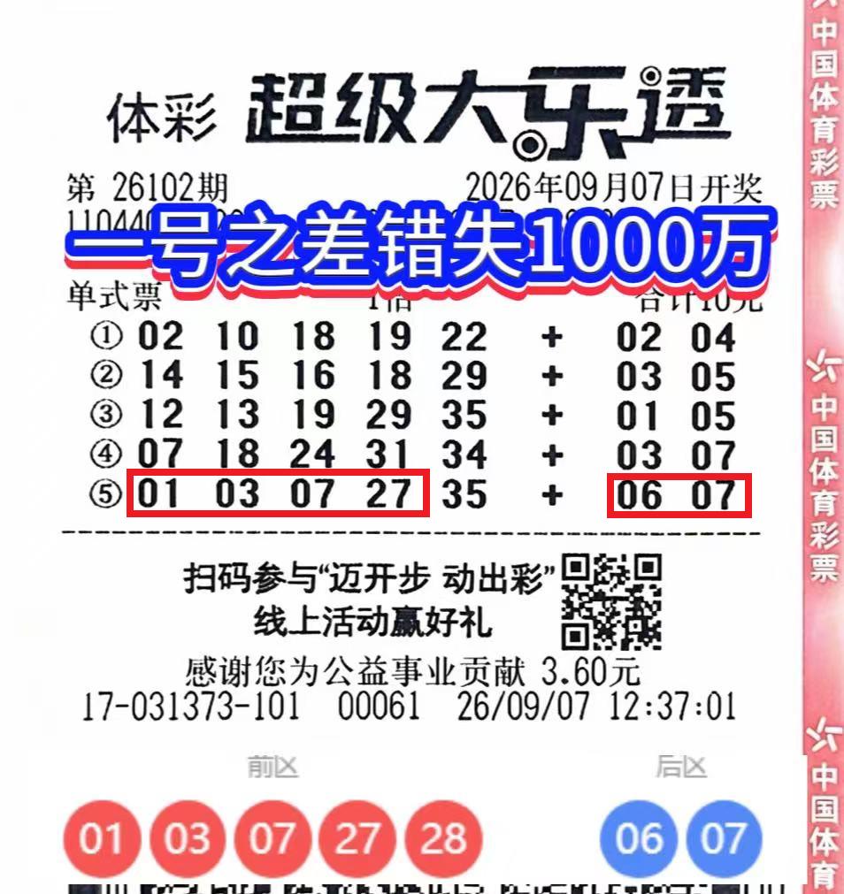 一号之差憾失千万！广东彩友距离大乐透头奖仅一步之遥。

大乐透26102期开奖尘