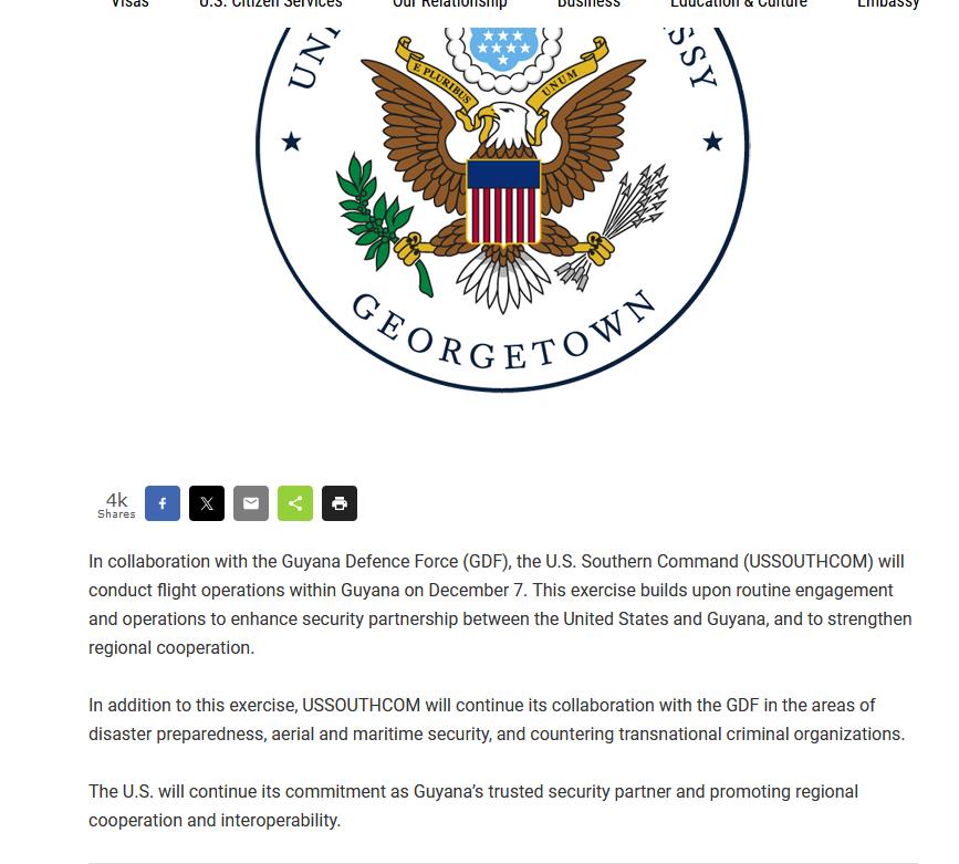 美国南方司令部飞机，进入圭亚那战斗警戒。委内瑞拉宣布公投，要出兵收复埃塞奎博地区