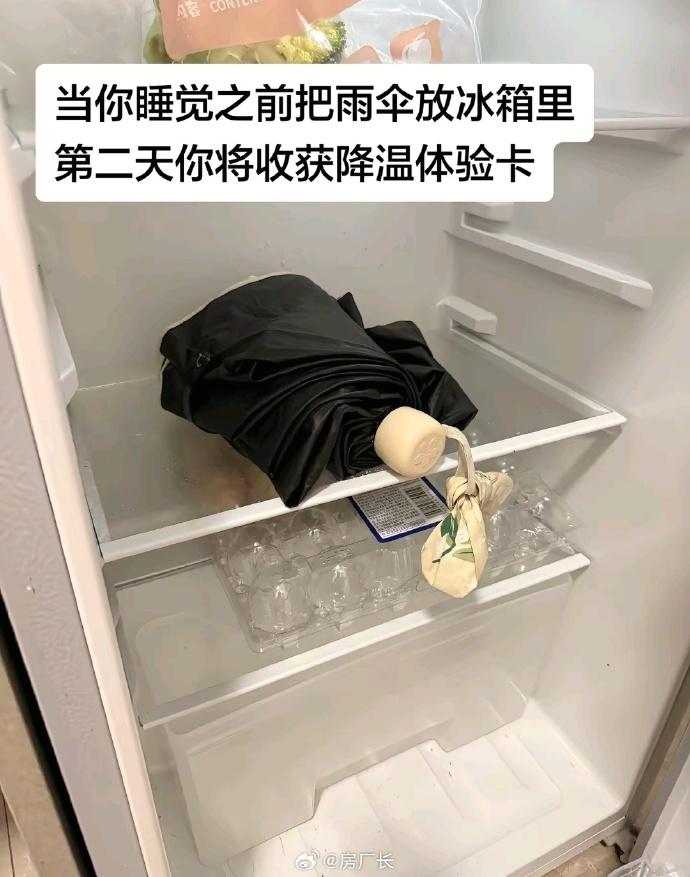 还有更高级的降温方法：先把伞打开浇些水，带有水珠就可以，然后放冰箱速冻1-2个小