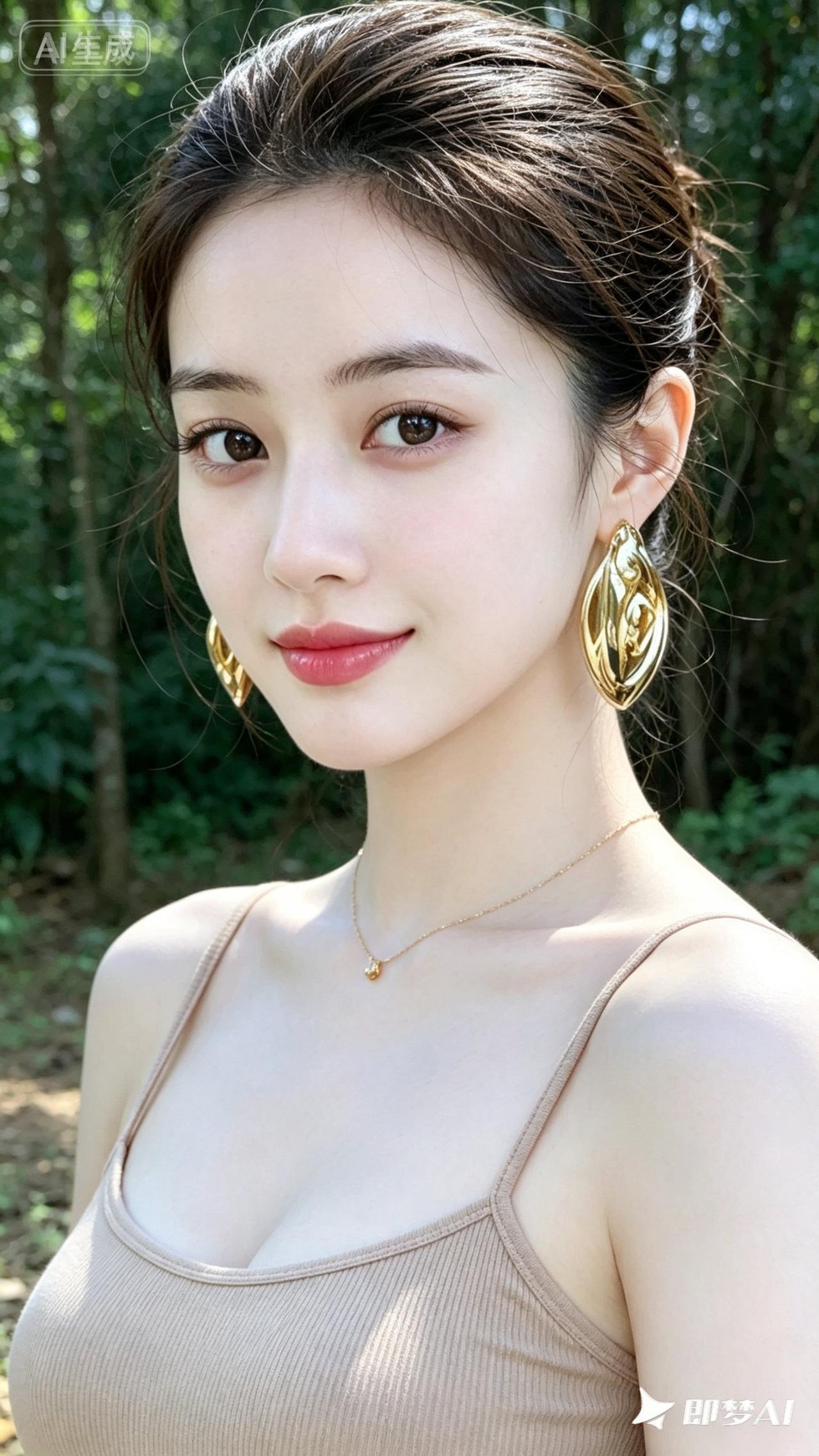 夏日清新，自然妆容，金色耳环点缀，自然光下更显温柔。