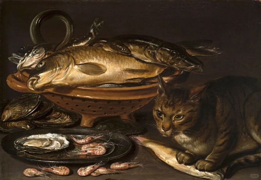 克拉拉·彼得斯 (Clara Peters) 《有鱼和猫的静物》，藏于 1620...