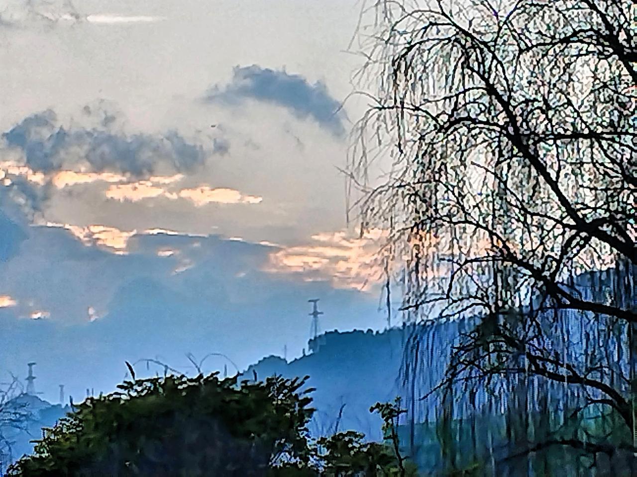 黄昏时分，云海翻滚，树影婆娑，静谧而美丽。夕阳如一颗巨大的橙红色宝石，镶嵌在云海