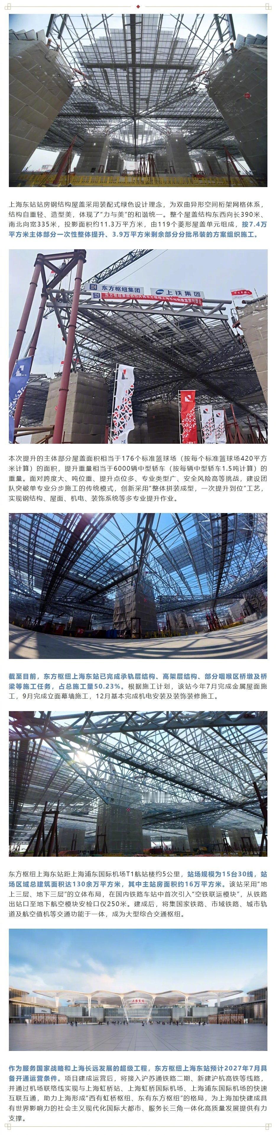 上海交通新地标来了 【创国内纪录！东方枢纽上海东站完成7.4万平方米钢结构屋盖整