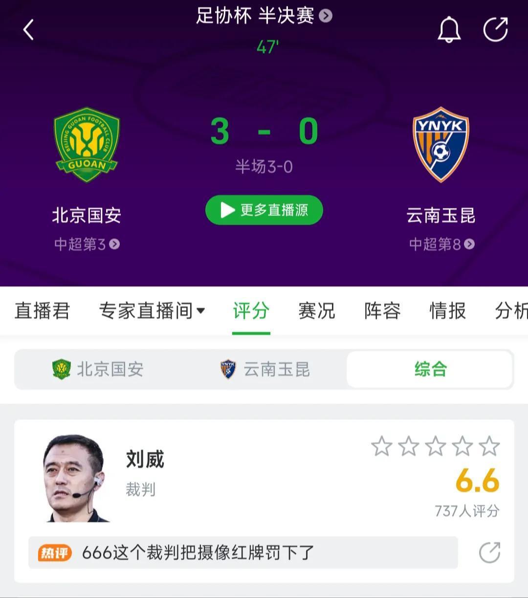 这场足协杯半决赛，云南玉昆半场结束就以0-3落后。在北京国安的这个魔鬼客场，他们