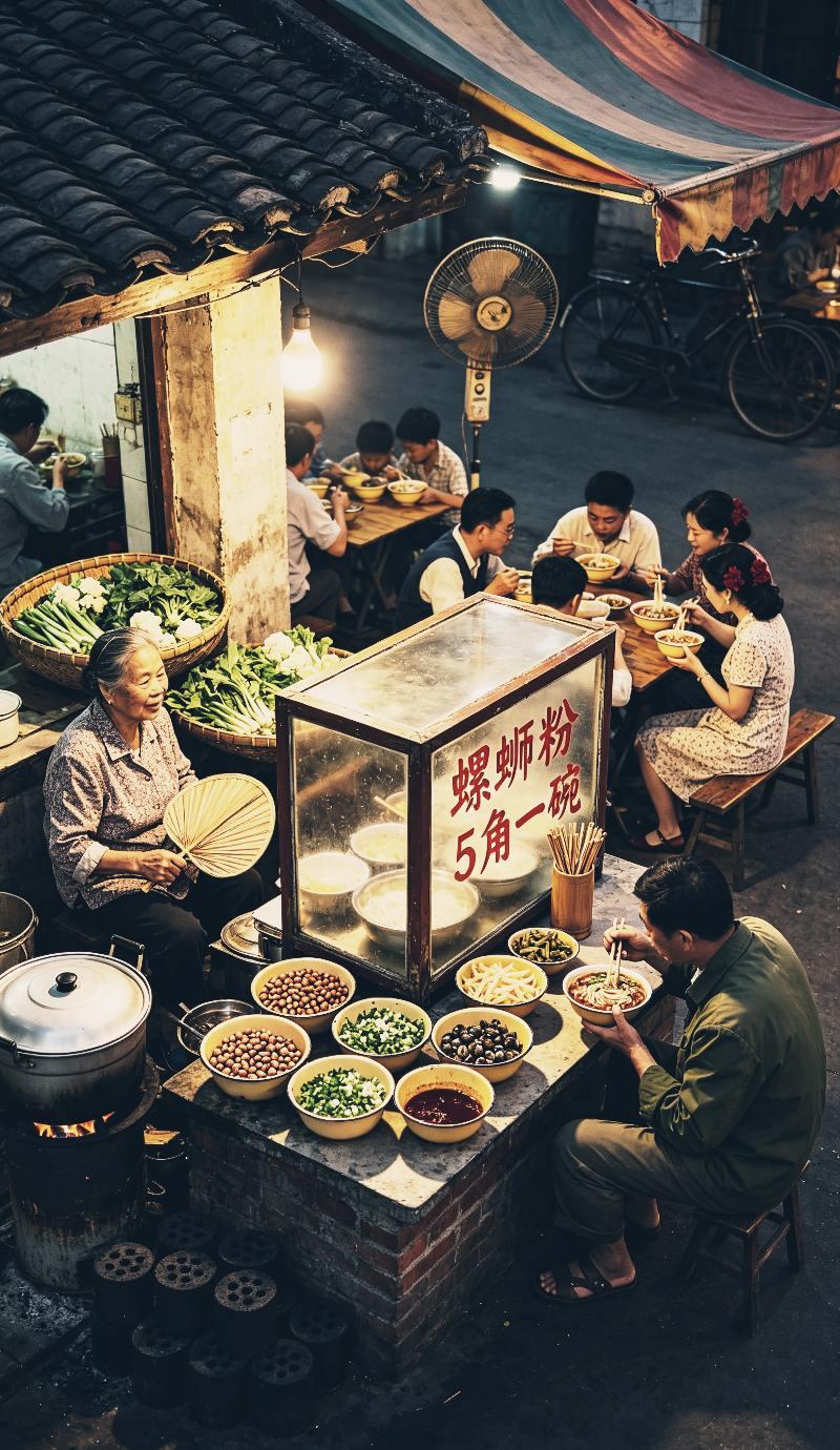 你吃过三十年前的螺蛳粉吗？九十年代夏夜，阿婆摆摊卖螺蛳粉，五毛一碗。蜂窝煤煨着螺
