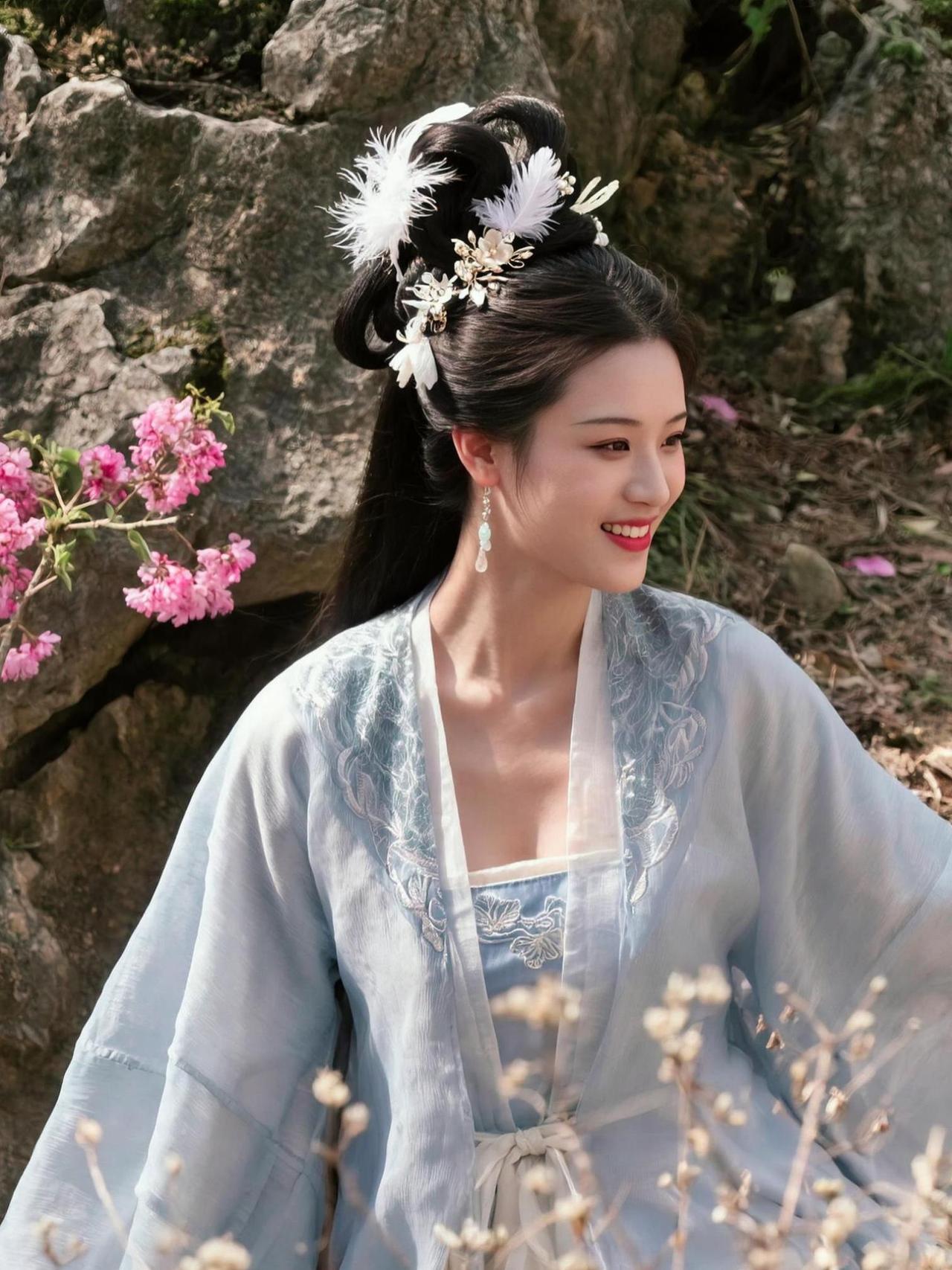 浅蓝古风，如诗如画，仿佛穿越千年。淡雅的衣衫，精致的发饰，每一处细节都透着古典美