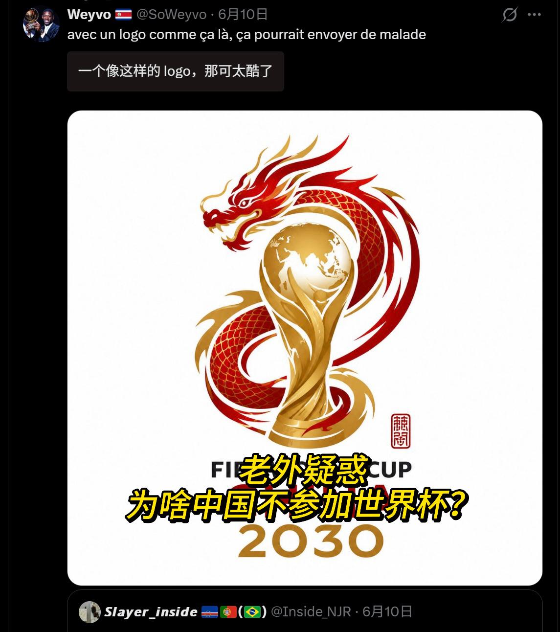 老外也疑惑，连LOGO都帮我们设计出来了，为啥不参加世界杯？

外国网友对我缺席