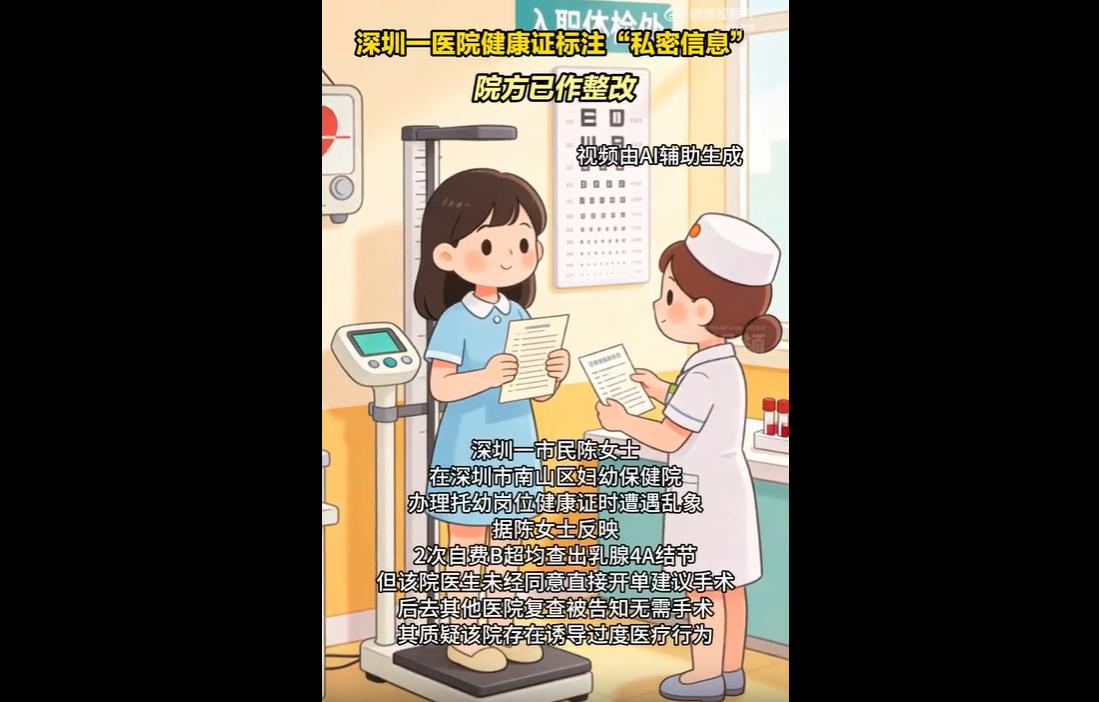 深圳一名应届女毕业生办理托幼岗位健康证期间，遭遇医院两大问题。南山区某医院在常规