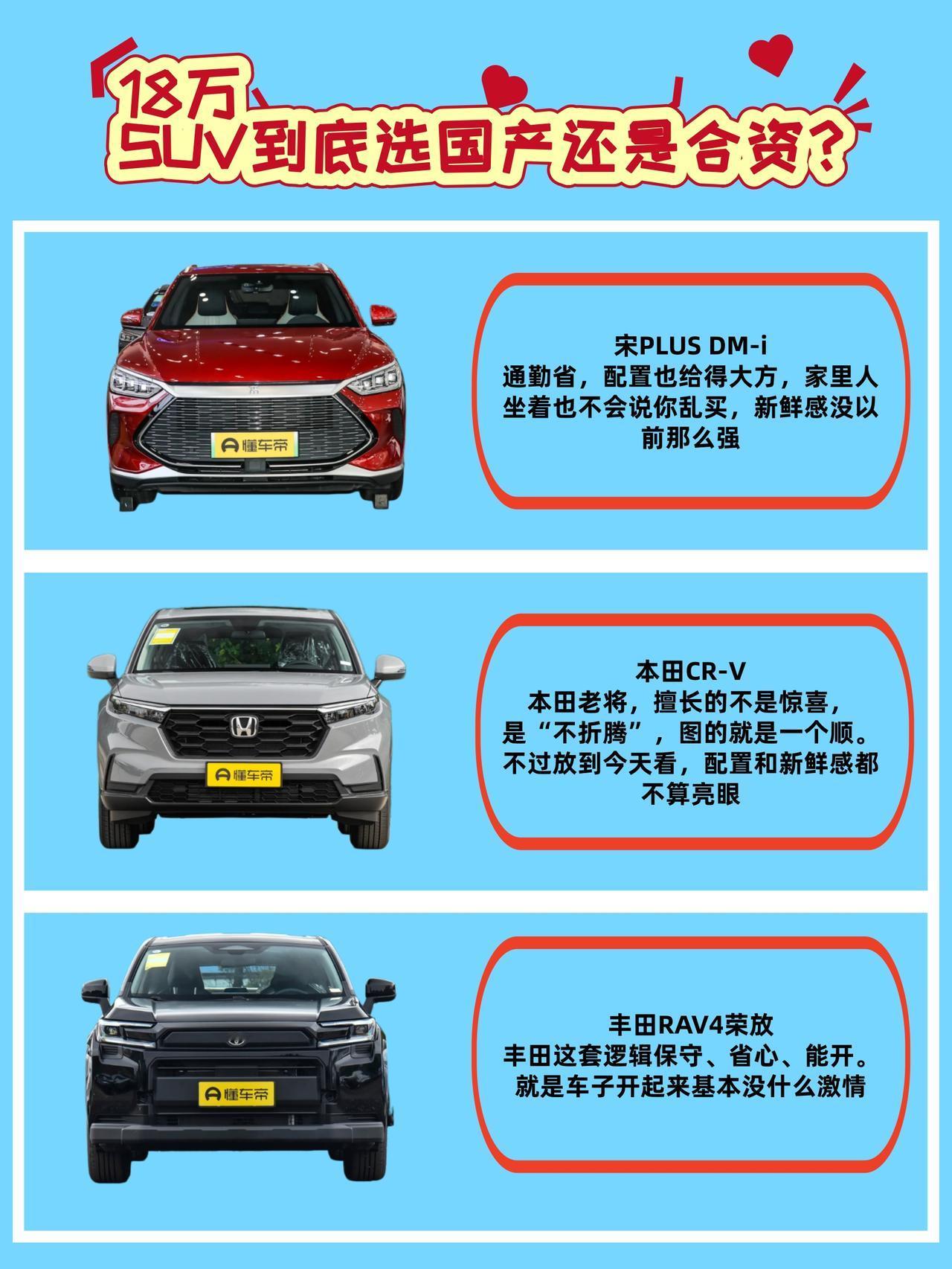 18万，宋PLUS DM-i、CR-V、RAV4荣放，家用SUV到底选国产还是合