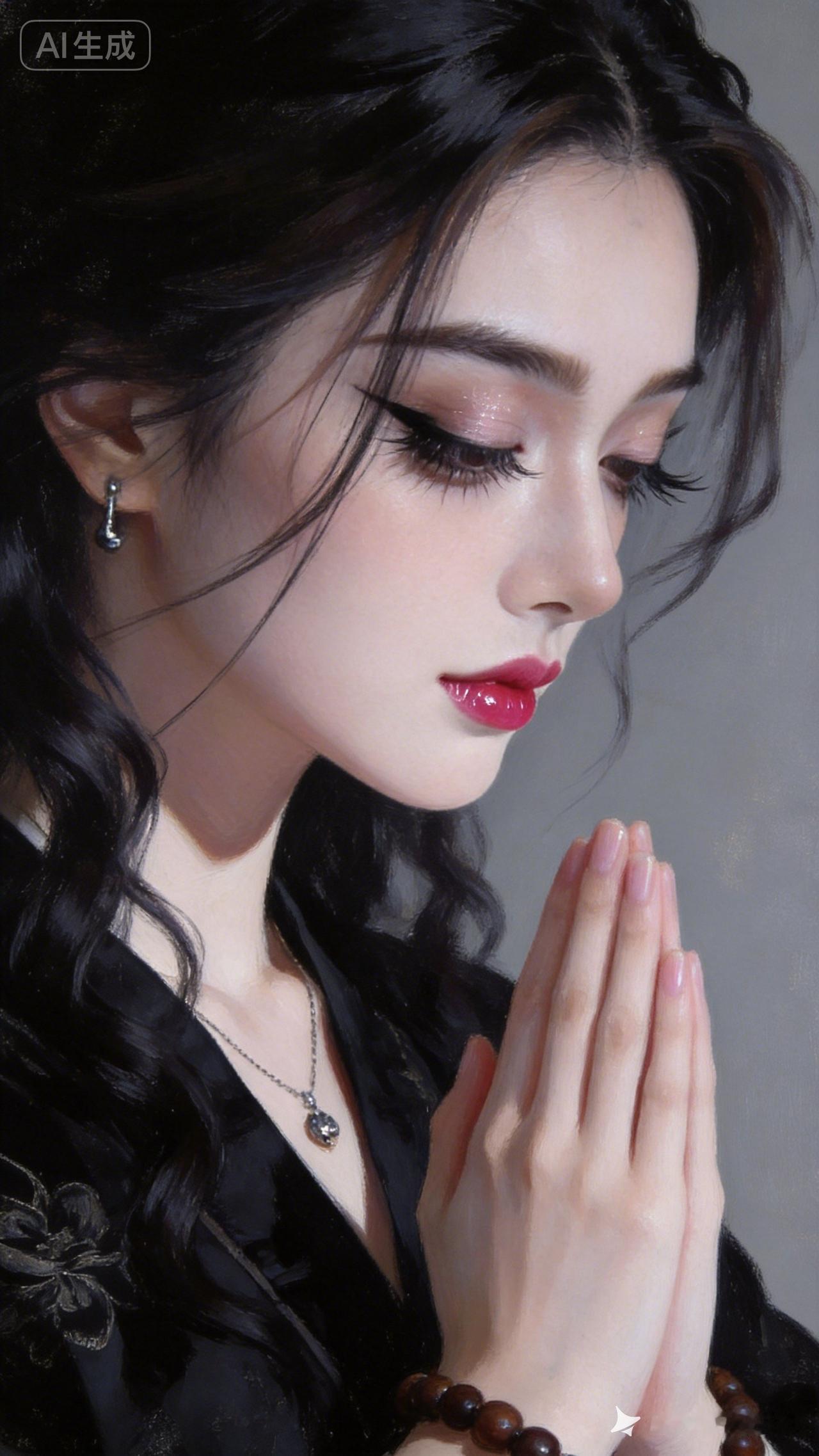 这个女生闭着眼睛祈祷，很安静。