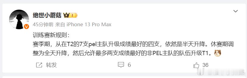 训练赛新规则：赛季期，从在T2的7支pel主队升级成绩最好的四支，依然是半天升降