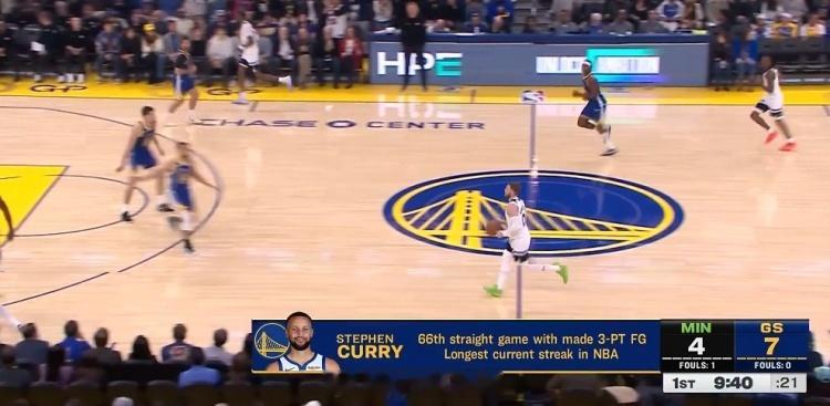 库里当前连续66场比赛命中至少1记三分，稳居现存NBA最长连续三分场次纪录