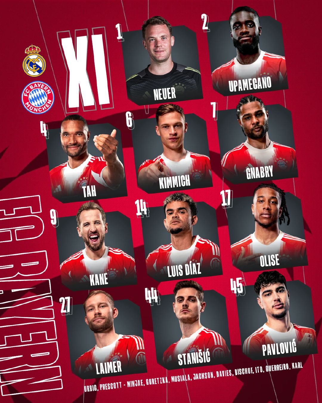 拜仁首发出炉！！欧冠联赛皇马vs拜仁