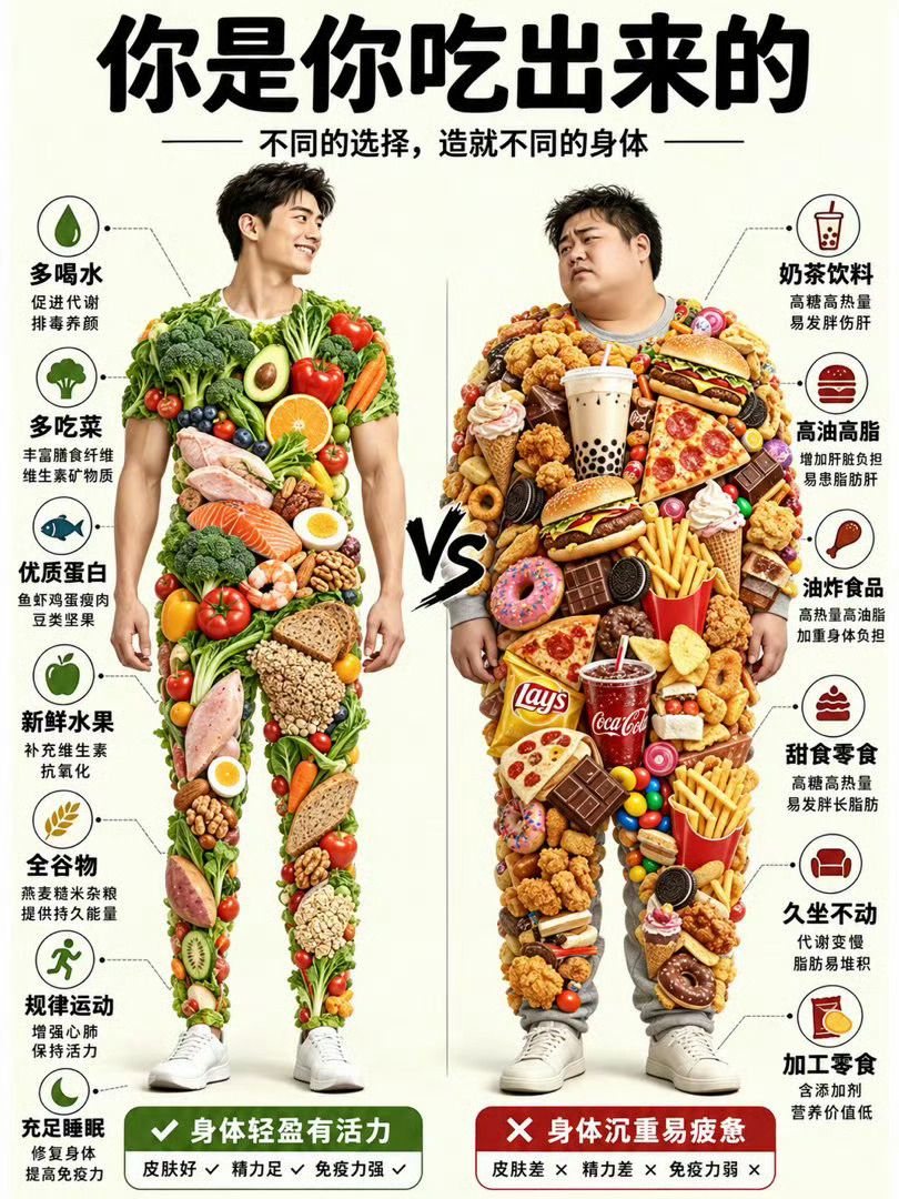 一日三餐健康 参照网上的示意图做了几张青少年饮食对比图，打印出来贴在餐桌旁的墙上