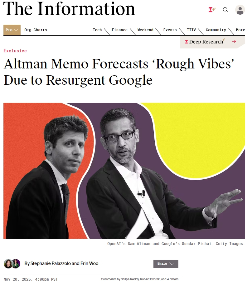 《The Information》：奥特曼承认谷歌复苏将带来“紧张氛围”市场一直