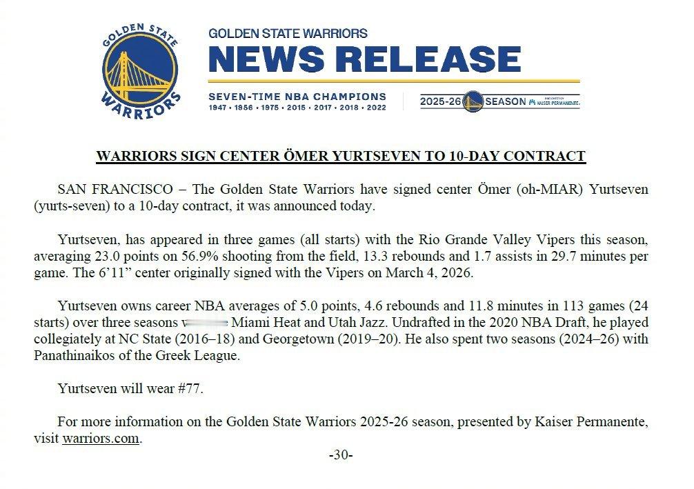 勇士与中锋奥默-尤尔特塞文签下了一份10天短期合同✒️勇士战胜奇才