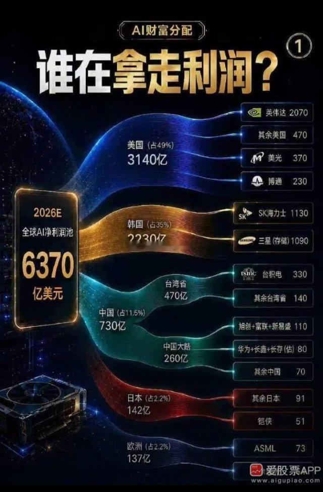 看到一个统计，2026年全球AI利润分配：总共6370亿美元，美国占49%、韩国