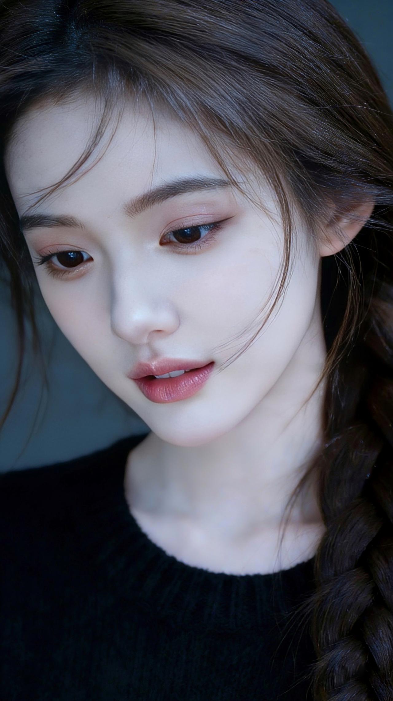 九帧同绘麻花辫温婉仙！乌发编辫如墨瀑垂肩，黑衣衬雪肌莹润。侧颜低垂眸藏星，眼含浅