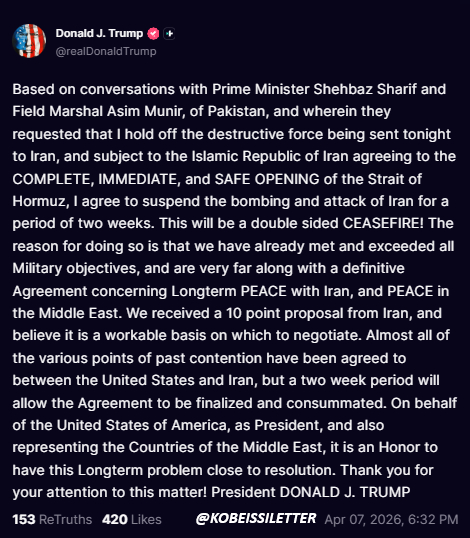 【快讯！！】特朗普同意停火2周【特朗普称停火2周】当地时间4月7日，美国总统特朗